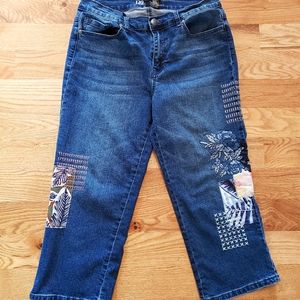 DG2 by Diane Gilman, Embroidered Floral Patchwork Denim Jean Capris, Women's 12